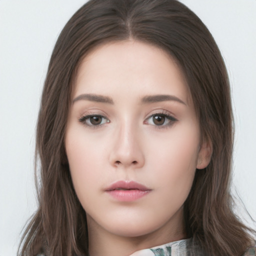 Neutral white young-adult female with long  brown hair and brown eyes