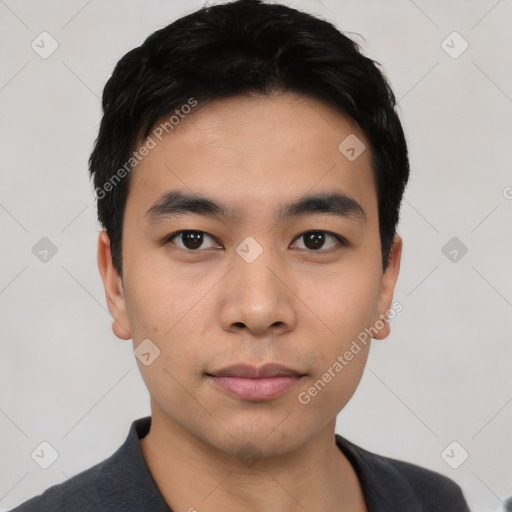 Neutral asian young-adult male with short  black hair and brown eyes