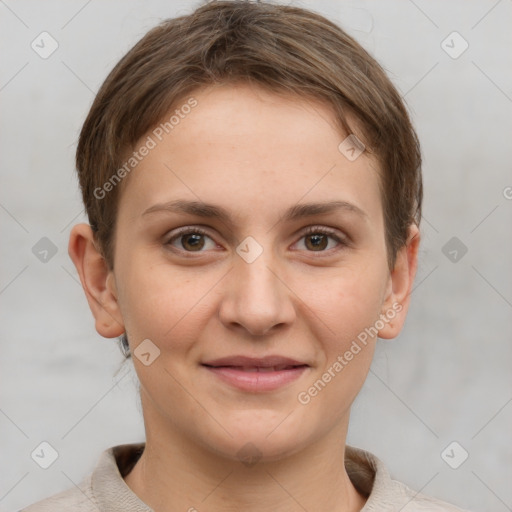 Joyful white young-adult female with short  brown hair and grey eyes