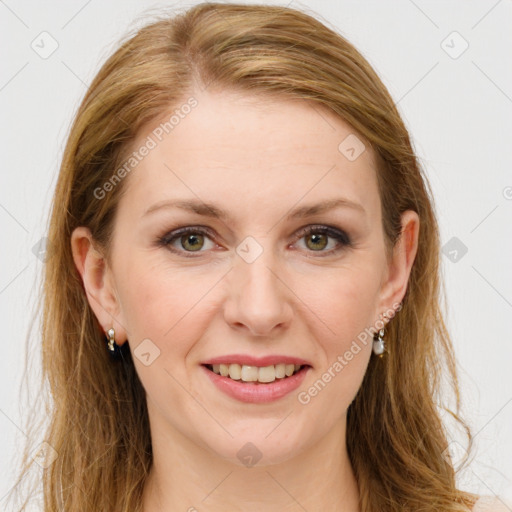 Joyful white young-adult female with long  brown hair and green eyes