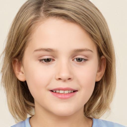 Joyful white child female with medium  brown hair and brown eyes