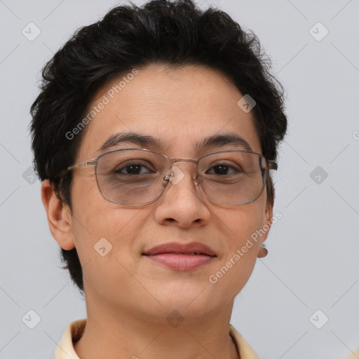 Joyful white adult female with short  brown hair and brown eyes