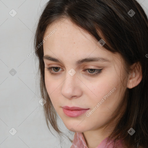 Neutral white young-adult female with medium  brown hair and brown eyes