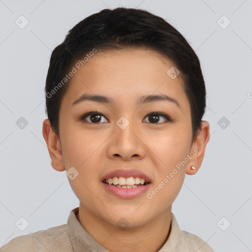 Joyful asian young-adult female with short  brown hair and brown eyes