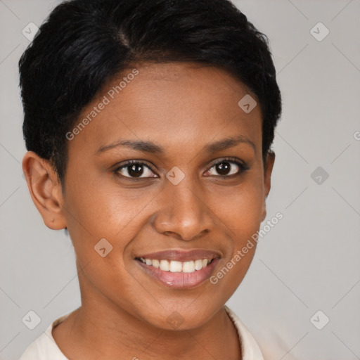 Joyful black young-adult female with short  brown hair and brown eyes