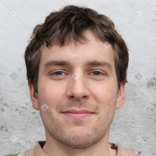 Neutral white young-adult male with short  brown hair and grey eyes