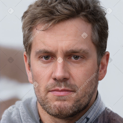 Neutral white adult male with short  brown hair and brown eyes