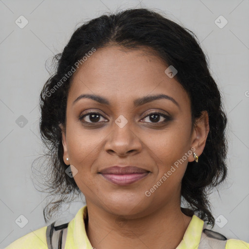 Joyful black young-adult female with medium  brown hair and brown eyes