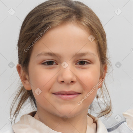 Joyful white child female with medium  brown hair and brown eyes