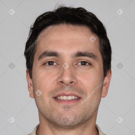 Joyful white young-adult male with short  brown hair and brown eyes