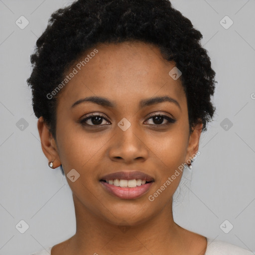 Joyful latino young-adult female with short  black hair and brown eyes