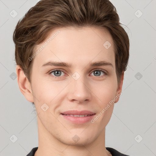 Joyful white young-adult female with short  brown hair and grey eyes