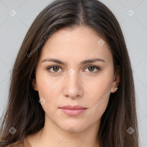 Neutral white young-adult female with long  brown hair and brown eyes