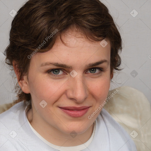 Joyful white young-adult female with medium  brown hair and blue eyes