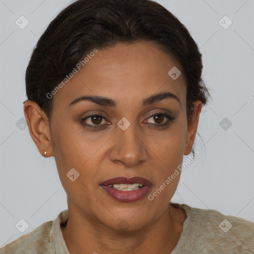 Joyful latino young-adult female with short  brown hair and brown eyes