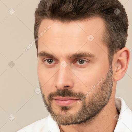 Neutral white young-adult male with short  brown hair and brown eyes