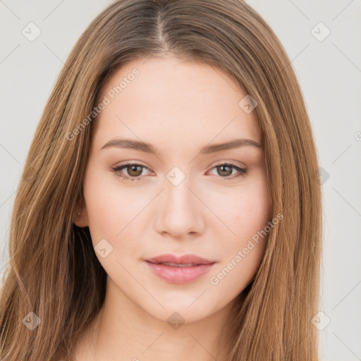 Neutral white young-adult female with long  brown hair and brown eyes