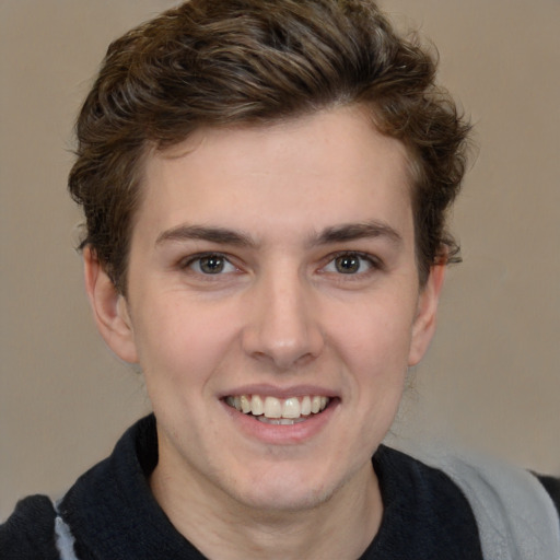 Joyful white young-adult male with medium  brown hair and brown eyes