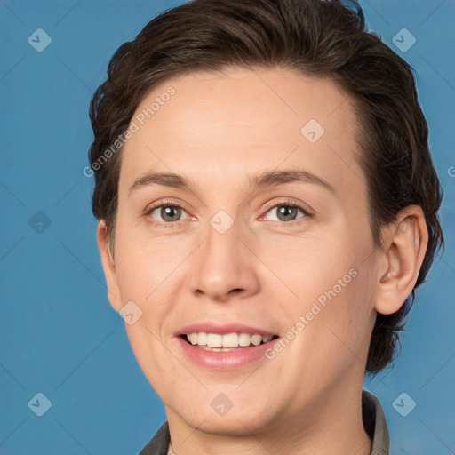 Joyful white adult female with short  brown hair and brown eyes