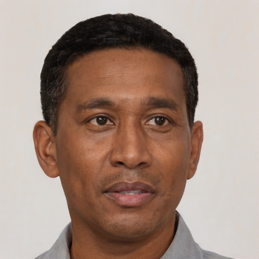 Neutral black adult male with short  black hair and brown eyes