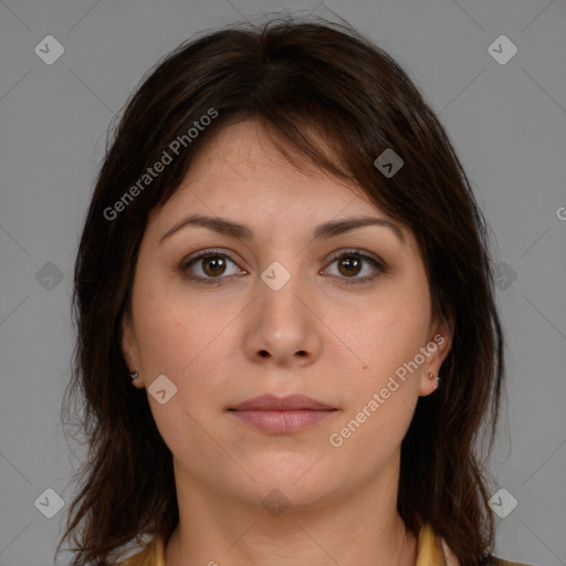 Neutral white young-adult female with medium  brown hair and brown eyes