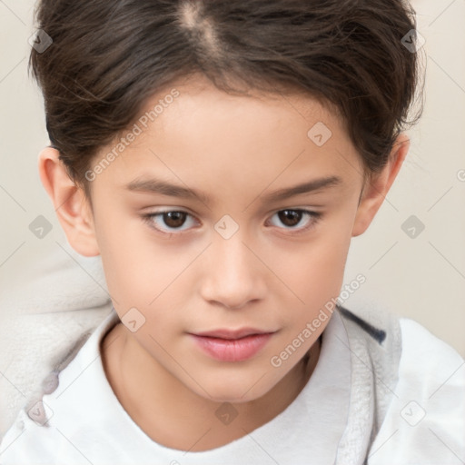 Joyful white child female with short  brown hair and brown eyes