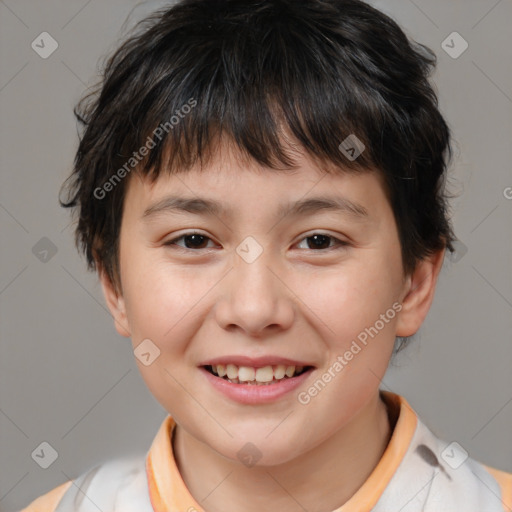 Joyful white child female with short  brown hair and brown eyes