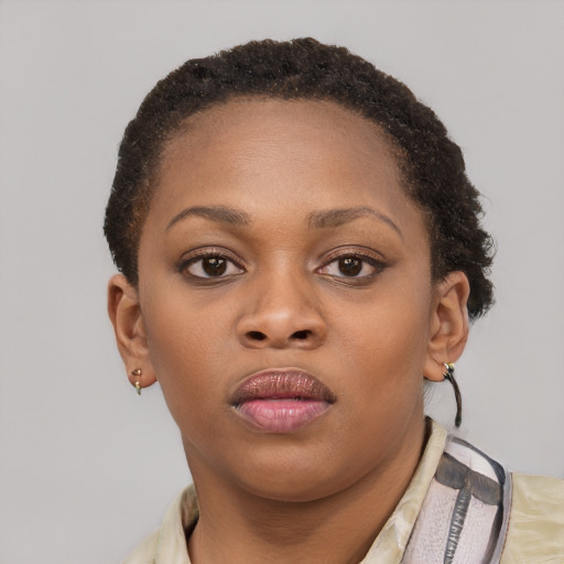 Neutral black young-adult female with short  brown hair and brown eyes