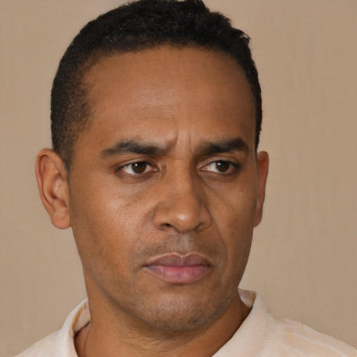 Neutral black adult male with short  black hair and brown eyes