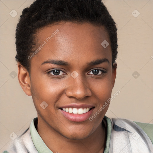 Joyful black young-adult female with short  brown hair and brown eyes