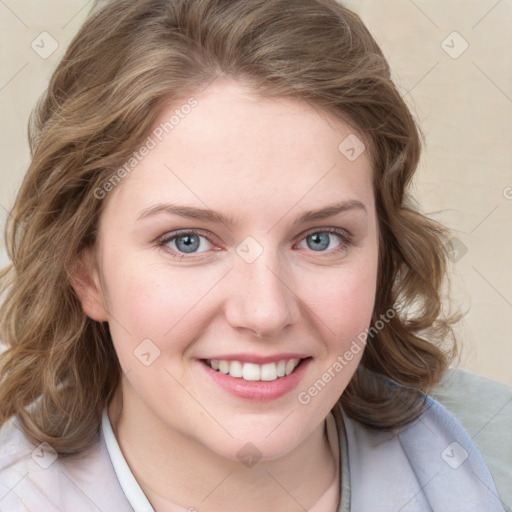 Joyful white young-adult female with medium  brown hair and blue eyes