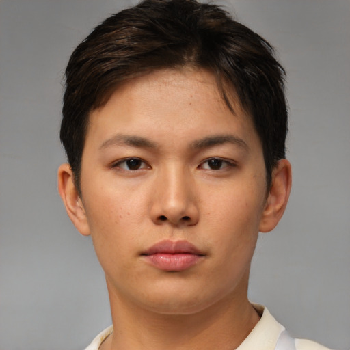 Neutral asian young-adult female with short  brown hair and brown eyes