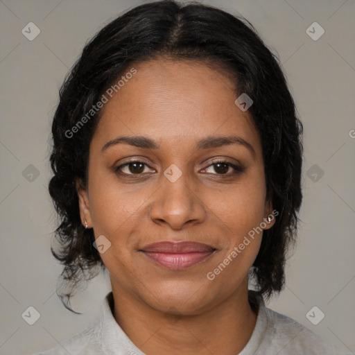 Joyful black young-adult female with medium  brown hair and brown eyes