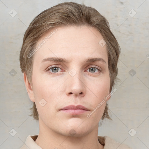 Neutral white young-adult female with medium  brown hair and grey eyes