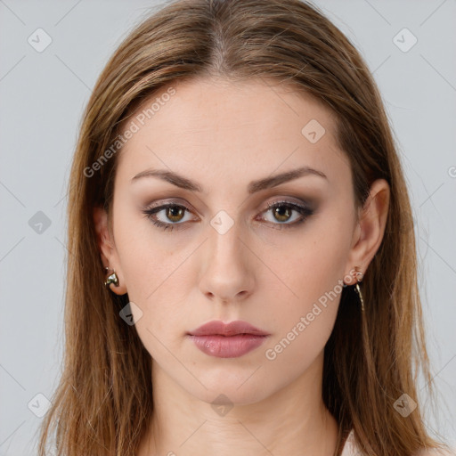 Neutral white young-adult female with long  brown hair and brown eyes