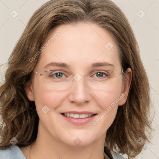 Joyful white young-adult female with medium  brown hair and blue eyes