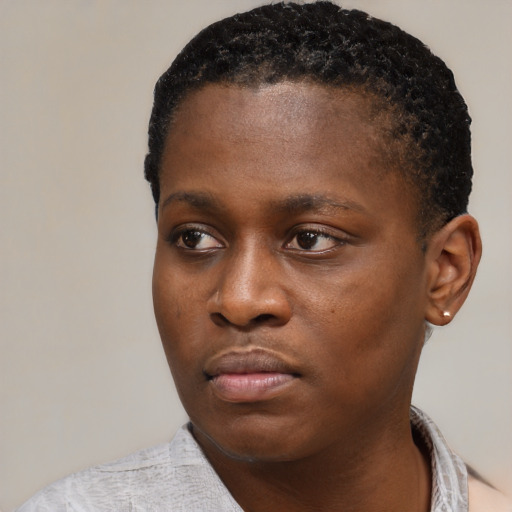 Neutral black young-adult female with short  black hair and brown eyes