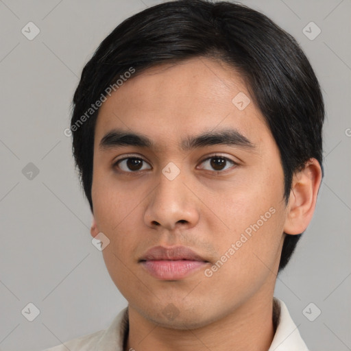 Neutral asian young-adult male with short  black hair and brown eyes