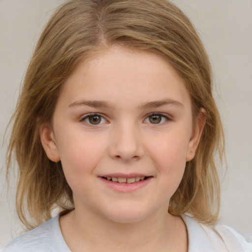 Joyful white child female with medium  brown hair and brown eyes