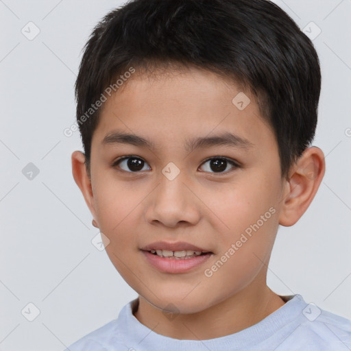 Joyful white child male with short  brown hair and brown eyes