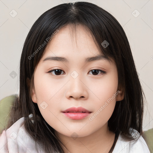 Neutral asian young-adult female with medium  black hair and brown eyes