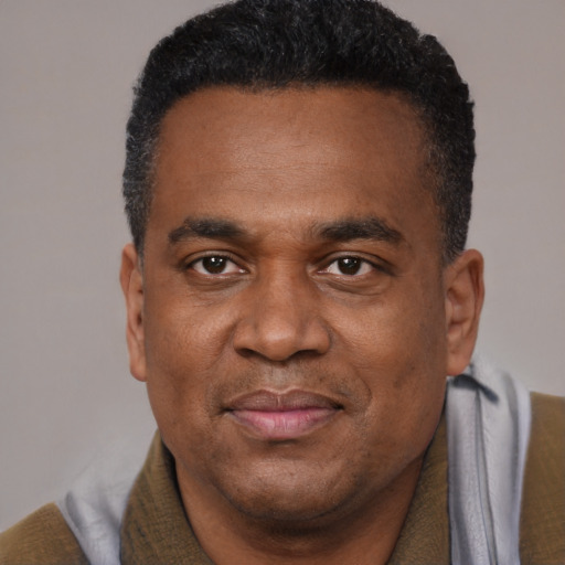 Joyful black adult male with short  black hair and brown eyes