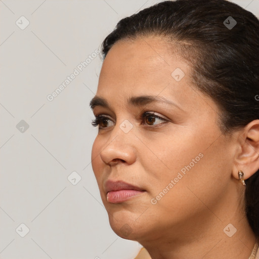 Neutral white young-adult female with short  brown hair and brown eyes