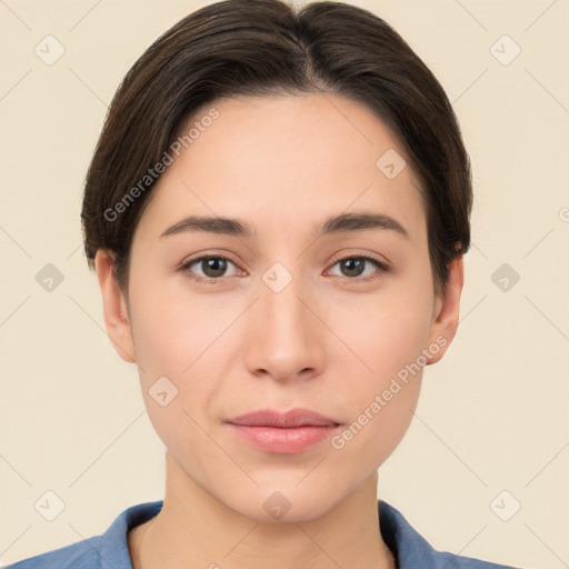 Neutral white young-adult female with short  brown hair and brown eyes