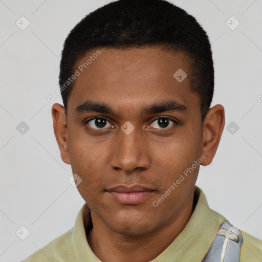 Neutral latino young-adult male with short  black hair and brown eyes