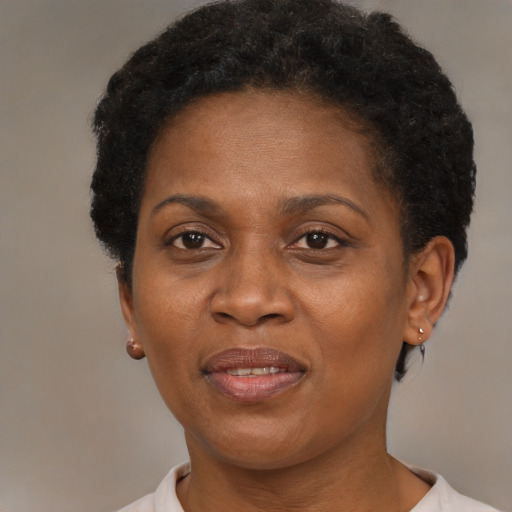 Joyful black adult female with short  brown hair and brown eyes