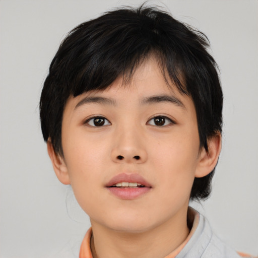 Neutral asian young-adult female with short  brown hair and brown eyes