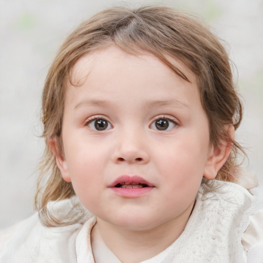 Neutral white child female with medium  brown hair and blue eyes