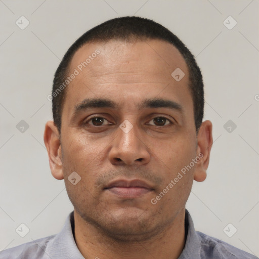 Neutral white adult male with short  black hair and brown eyes