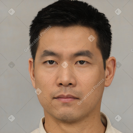 Neutral asian young-adult male with short  black hair and brown eyes